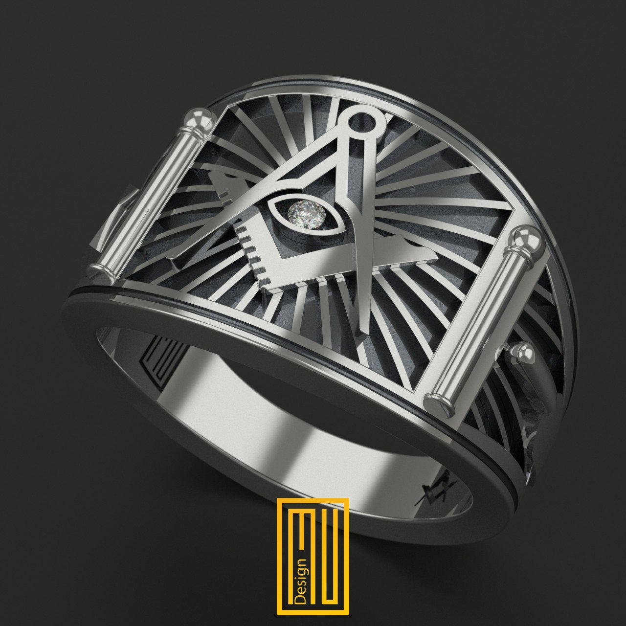 Ring with Square and Compasses AllSeeing Eyes and Diamond