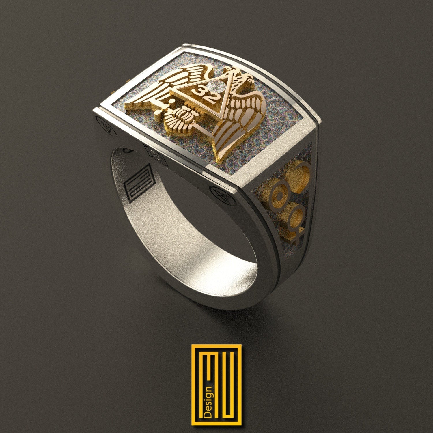 Scottish Rite 32nd degree ring with golden eagle wings down