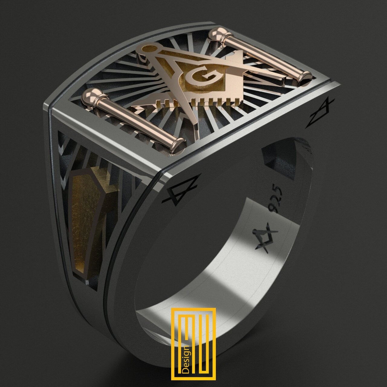 Blue Lodge Masonic ring with rose gold square and compasses