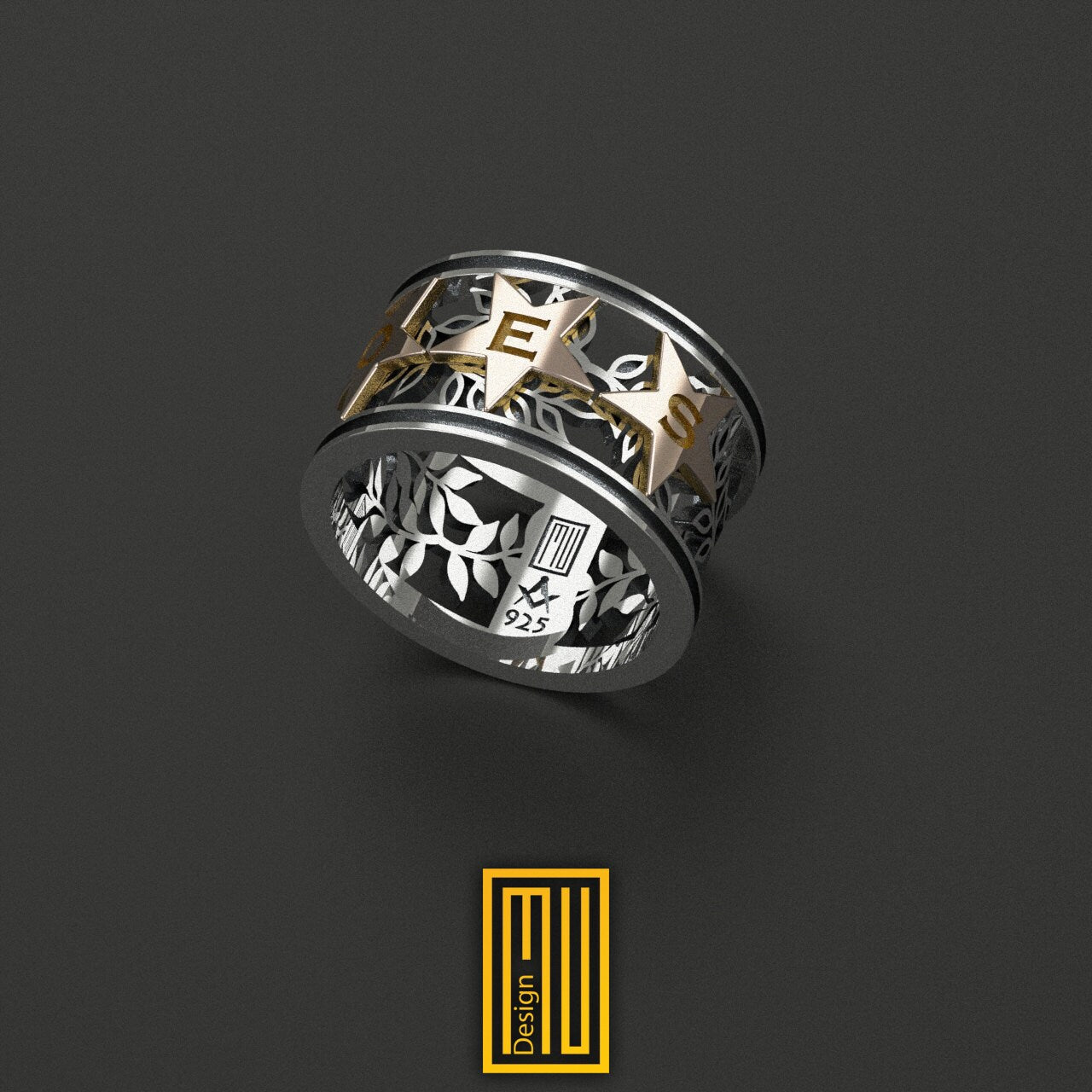 OES Eastern Star ring, rose gold on silver acacia