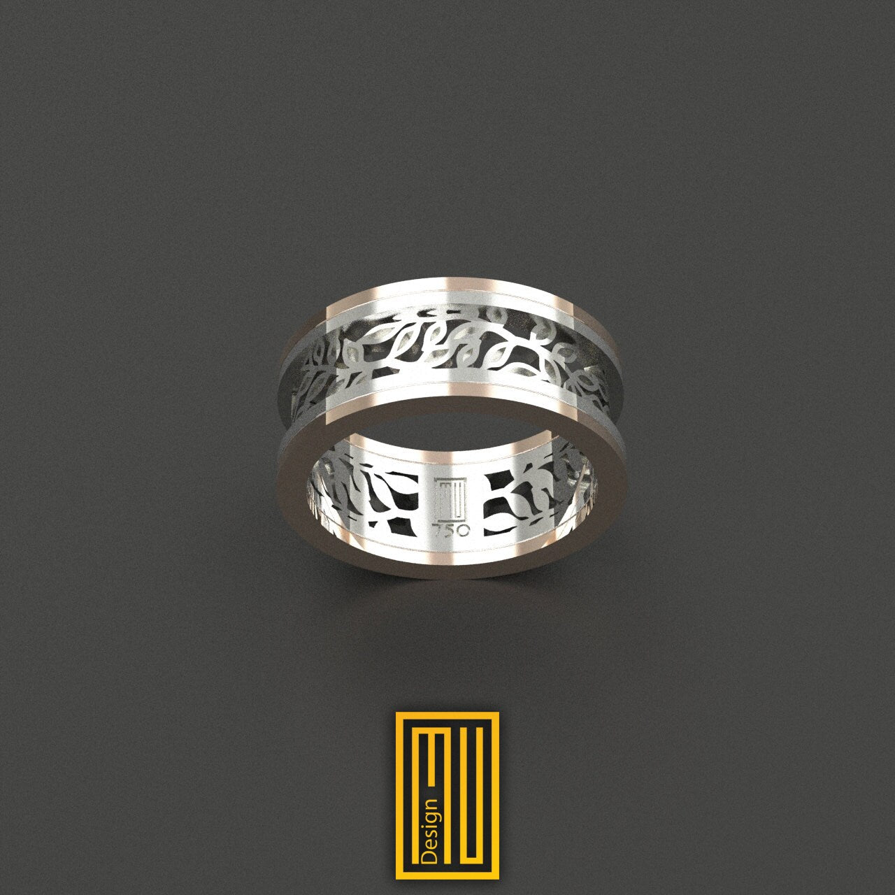 Anniversary ring with acacia symbols in white and rose gold