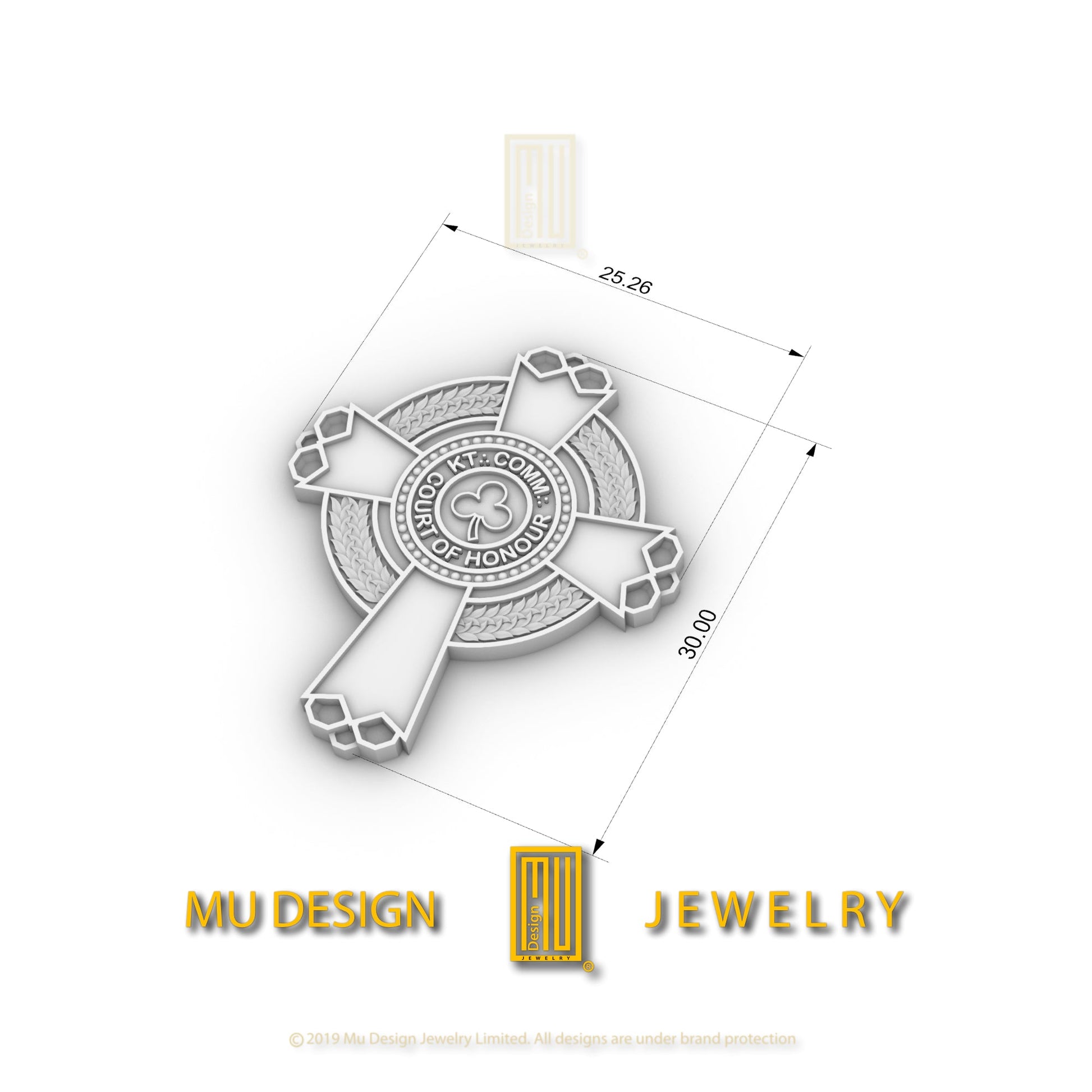 KCCH Court of Honour lapel pin dimension drawing, 25.26 mm wide by 30 mm high