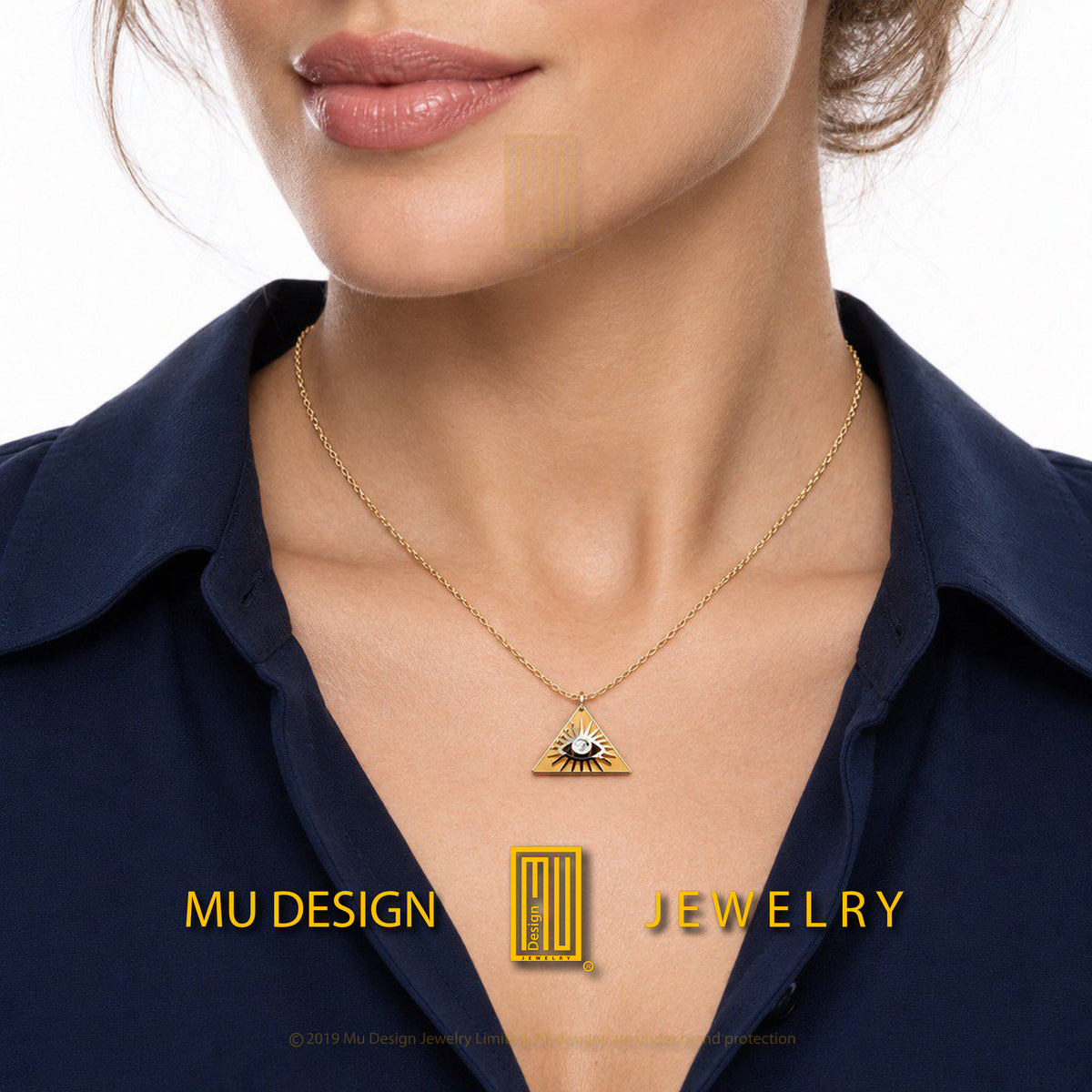 All Seeing Eye in the golden triangle necklace with diamond, worn by a model