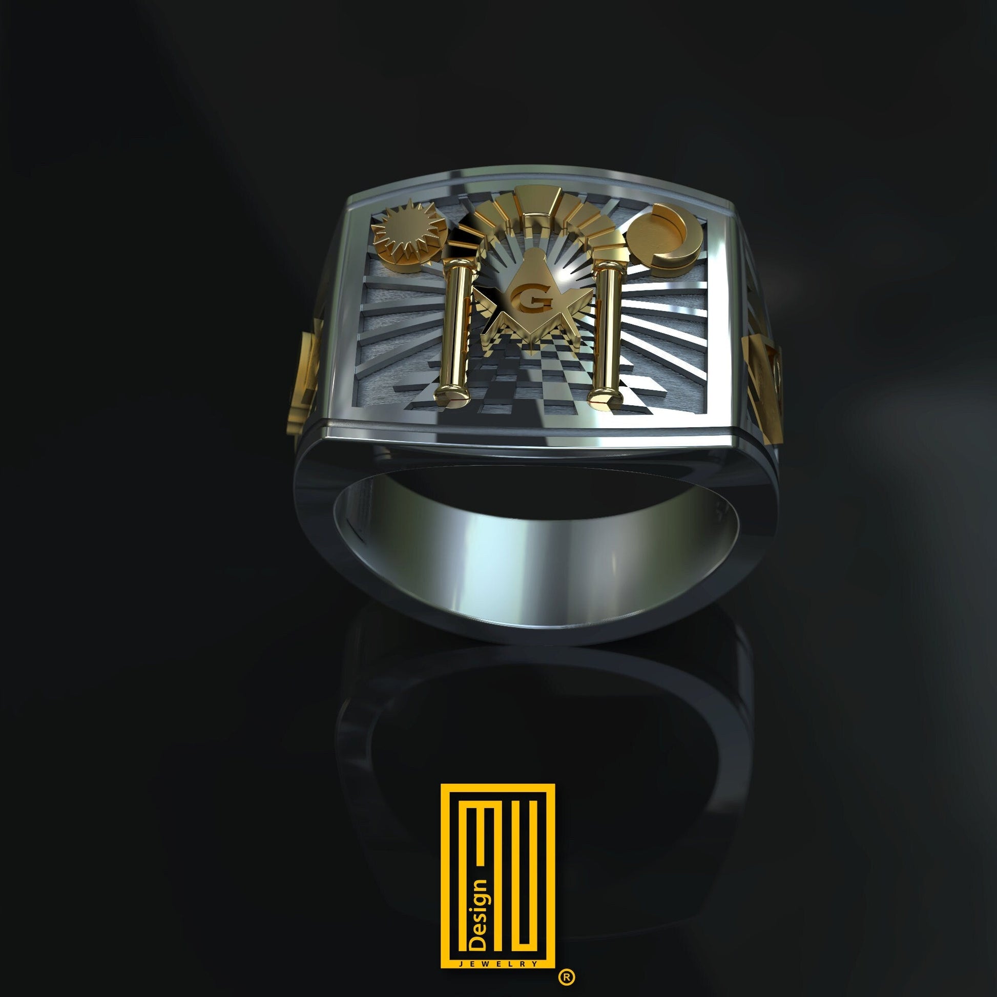 Solomon's Temple Archway Ring, 14k rose gold symbols on sterling silver
