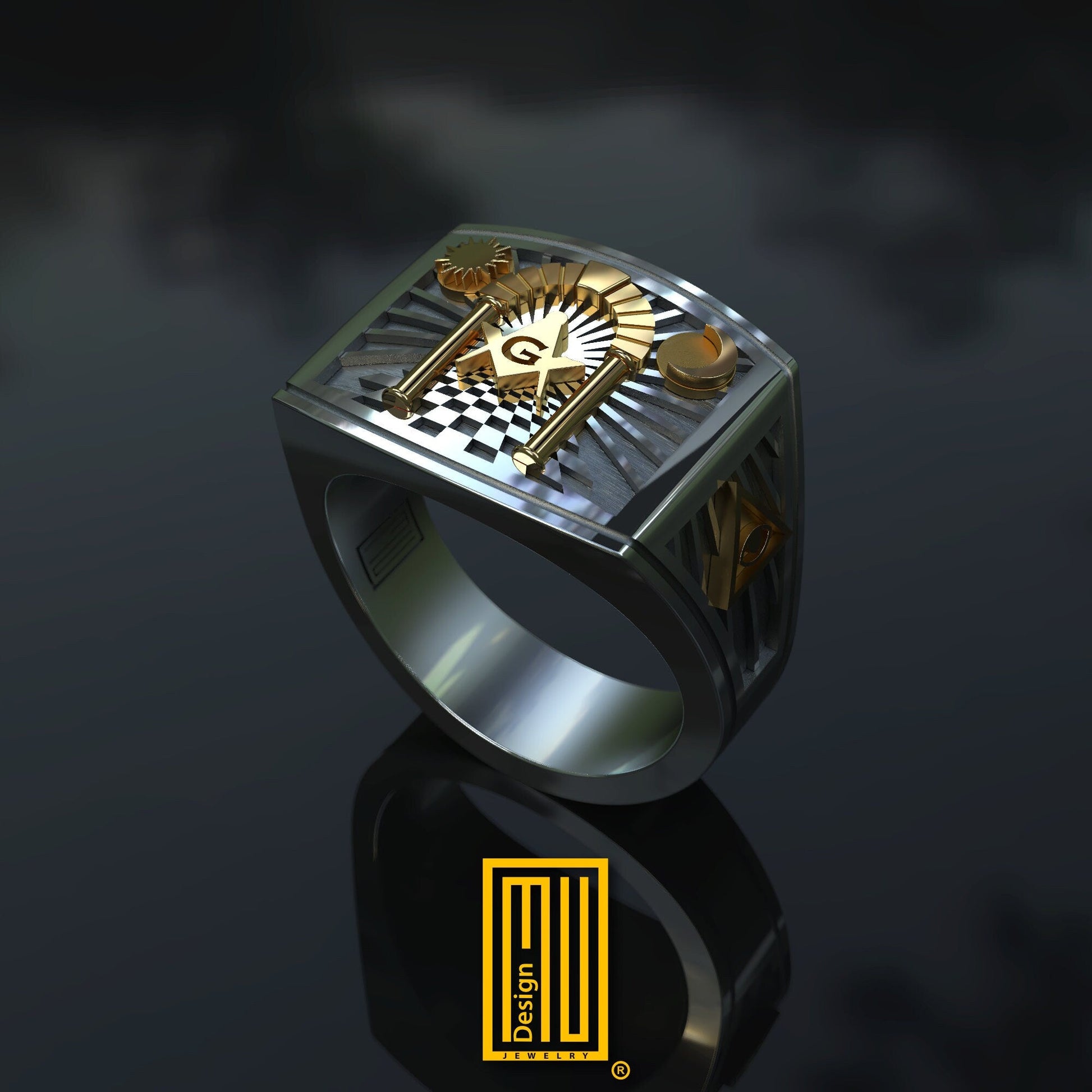 Solomon's Temple Archway Ring, 14k rose gold symbols on sterling silver