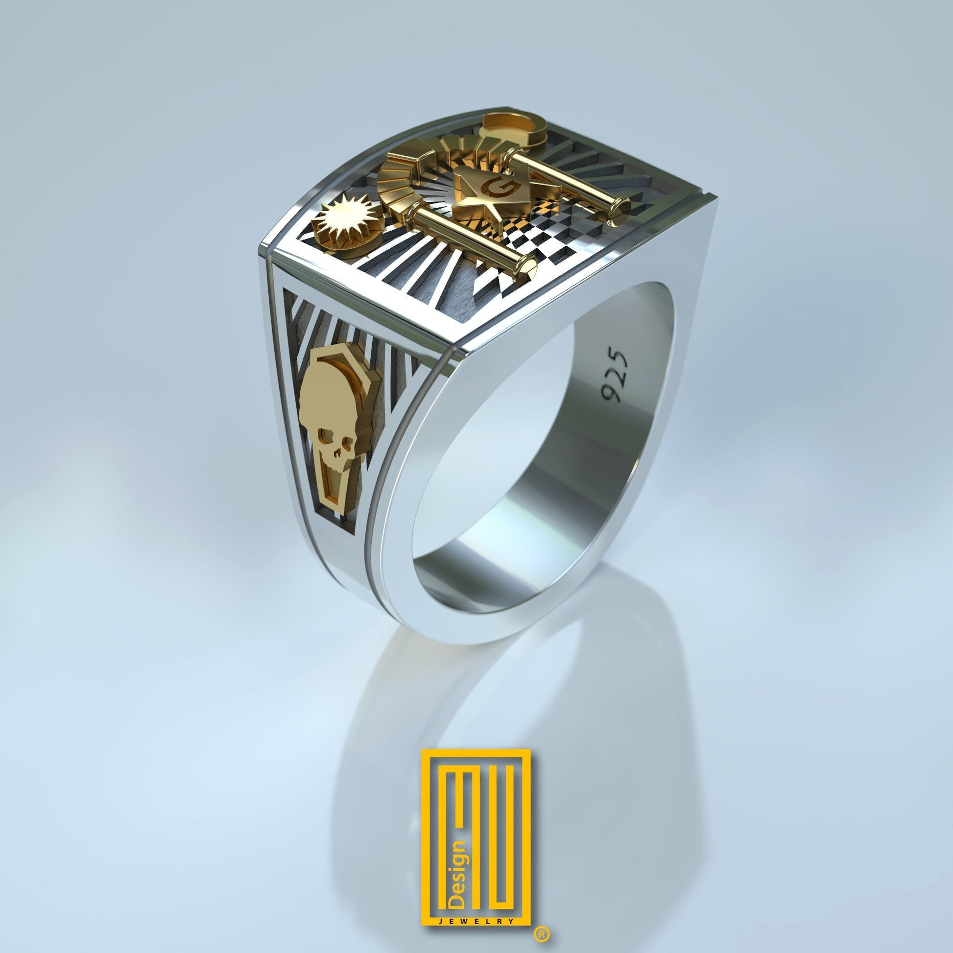 Solomon's Temple Archway Ring, 14k rose gold symbols on sterling silver