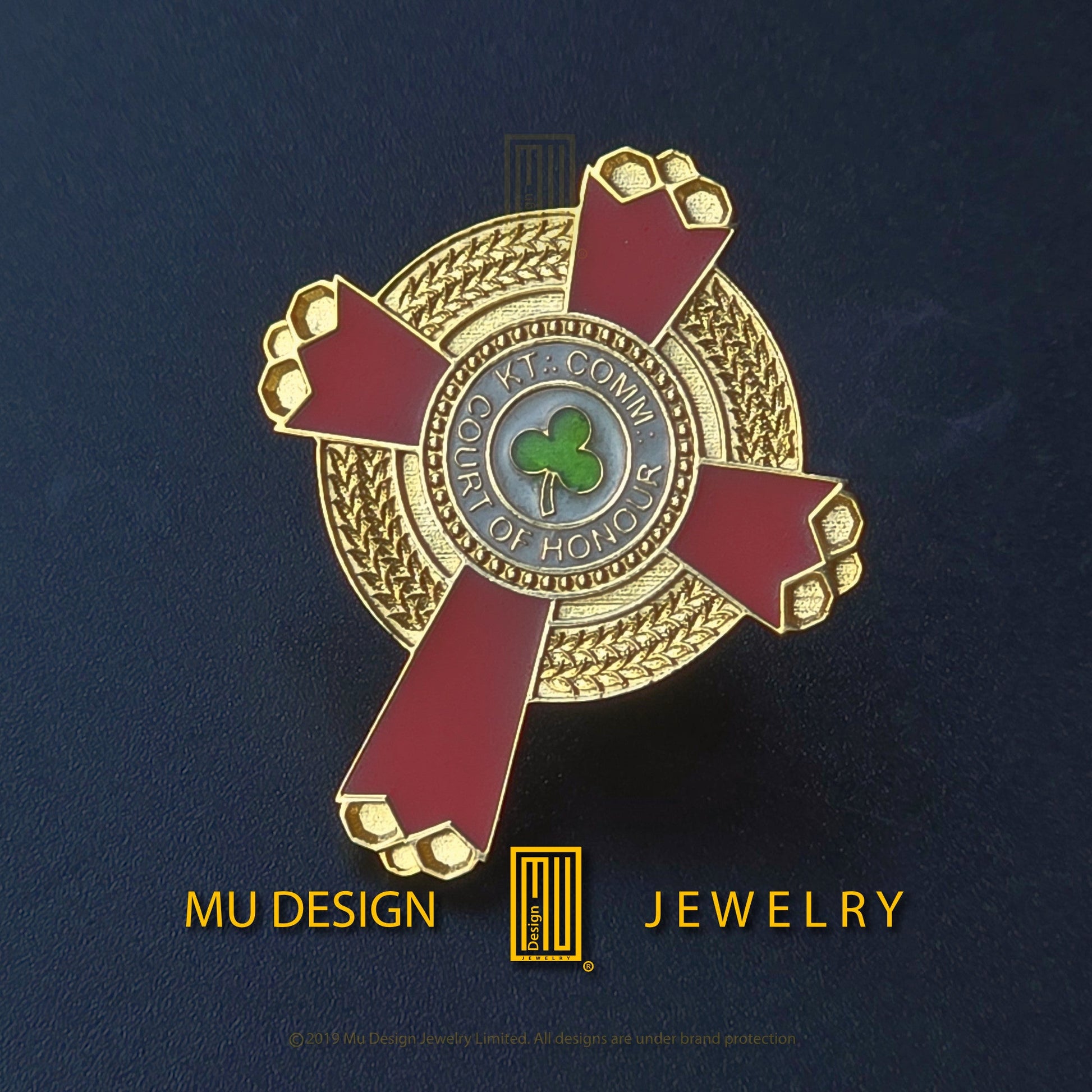 Court of Honour lapel pin, hand laid red white and green enamel detail