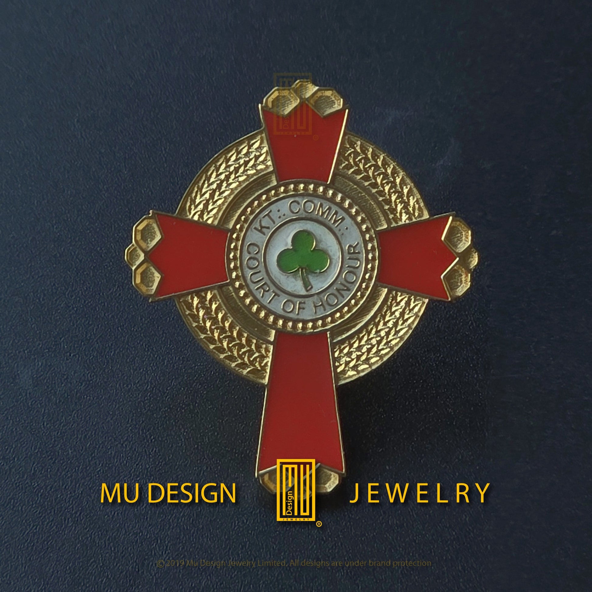 Masonic KCCH lapel pin by Mu Design Jewelry, upright cross with Court of Honour legend