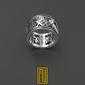 Masonic Wedding Band Style Ring with S&C Working Tools, 925k Sterling Silver - Handmade Men's Jewelry
