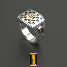 Ring With Square and Compasses on Masonic Tiles - Handmade Jewelry - Masonic Ring
