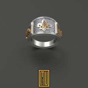 Band Style Masonic Ring with Fleur De Lis 925K Sterling Silver with 14k Rose Gold - Handmade Freemason Ring