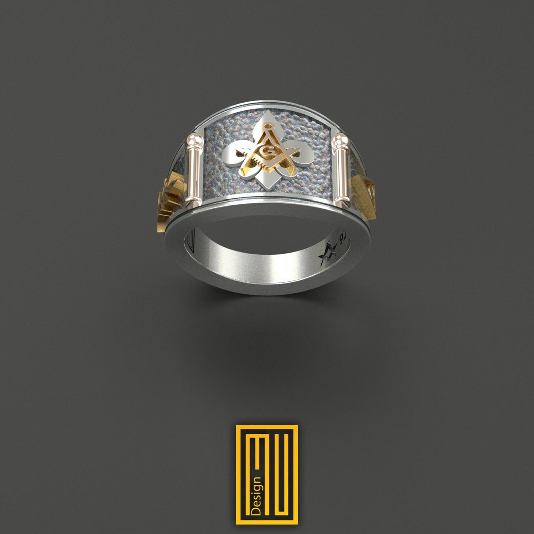 Band Style Masonic Ring with Fleur De Lis 925K Sterling Silver with 14k Rose Gold - Handmade Freemason Ring
