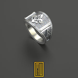 Band Style Masonic Ring with Fleur De Lis 925K Sterling Silver with 14k Rose Gold - Handmade Freemason Ring