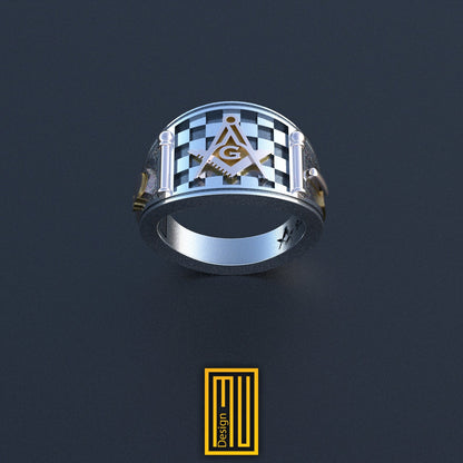 Band style Masonic Ring With 14k Rose Gold, Bronze or Silver tools - Freemason Handmade Ring