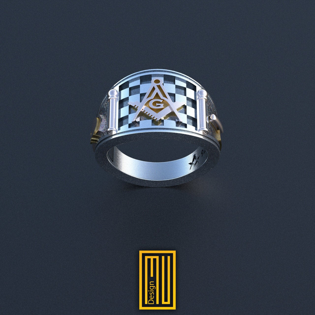 Ring With Masonic Tiles, Gold, Bronze or Silver Tools