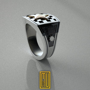 Masonic Tile Ring With Golden Star, 925K Sterling Silver and 14k Rose Gold - Handmade Men's Jewelry
