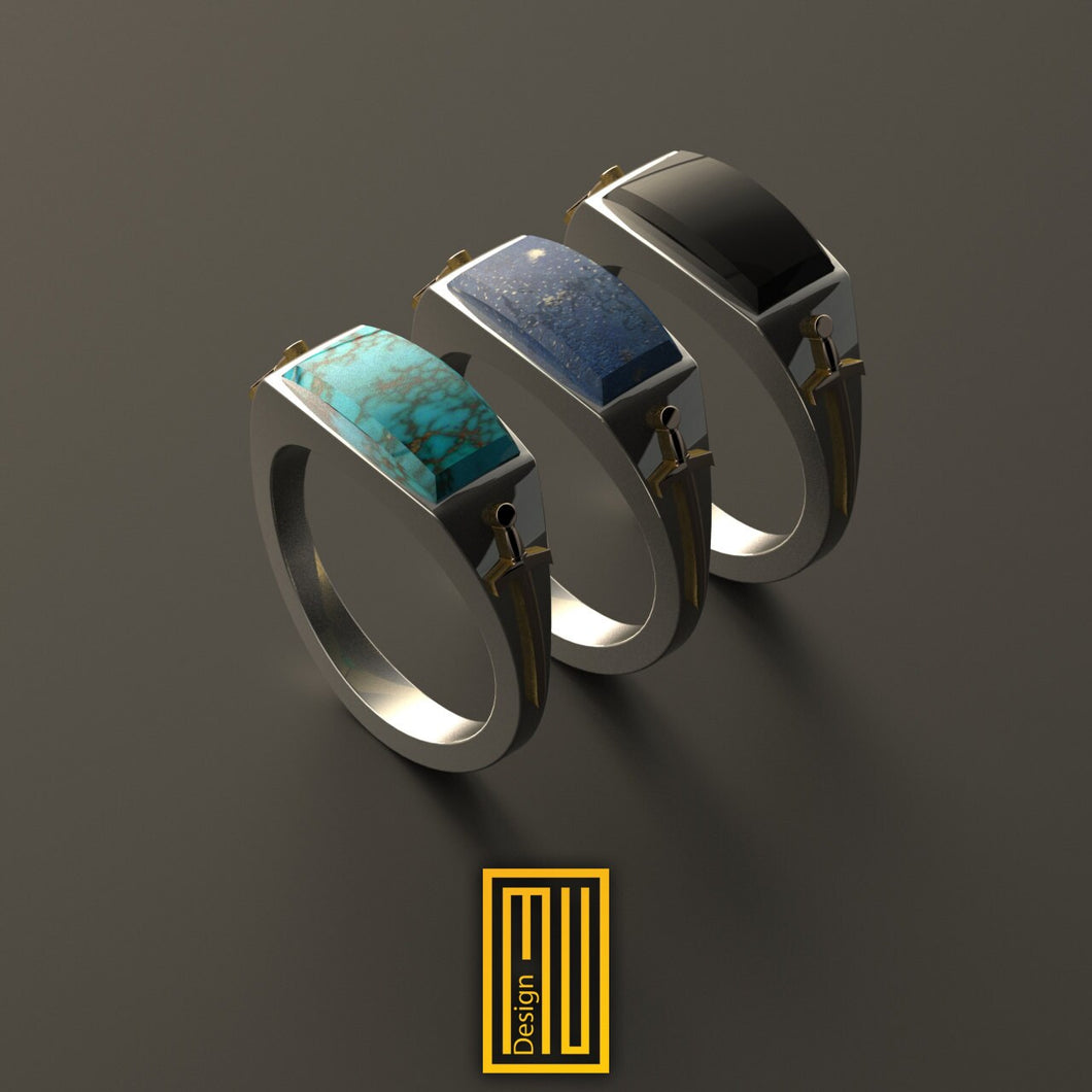 Ring For Knights with 14k Rose Gold Swords on Side And Gemstone