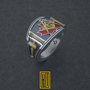 Band Style Masonic Ring with Enameled Maple Leaf - 925k Sterling Silver with 14k Rose Gold - Handmade Men's Jewelry