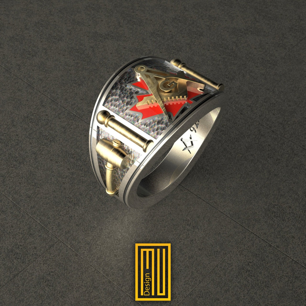 Band Style Masonic Ring with Enameled Maple Leaf - 925k Sterling Silver with 14k Rose Gold - Handmade Men's Jewelry
