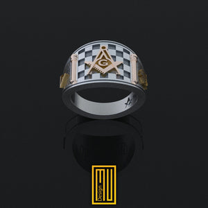 Band Style Masonic Ring With Masonic Tiles - Freemason Ring, Handmade Men's Jewelry