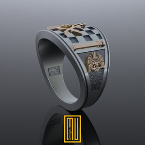 Band Style Masonic Ring With Masonic Tiles - Freemason Ring, Handmade Men's Jewelry