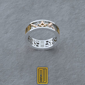 Masonic Anniversary Ring with 14k Rose Gold and Silver - Handmade Men's Jewelry