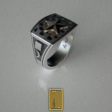 Masonic Tile Ring With Golden Star, 925K Sterling Silver and 14k Rose Gold - Handmade Men's Jewelry