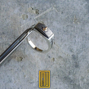 Ring For Knights with Golden Swords, S&C And Rough Ashlar - 925k Sterling Silver Freemason Man' s Ring