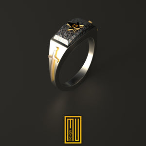 Ring For Knights with Golden Swords, S&C And Rough Ashlar - 925k Sterling Silver Freemason Man' s Ring