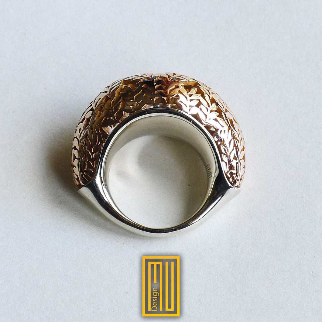 Ring with Acacia Dome 18K White and Rose Gold - Handmade Women's Jewelry, Unique Silver Ring, Anniversary Ring