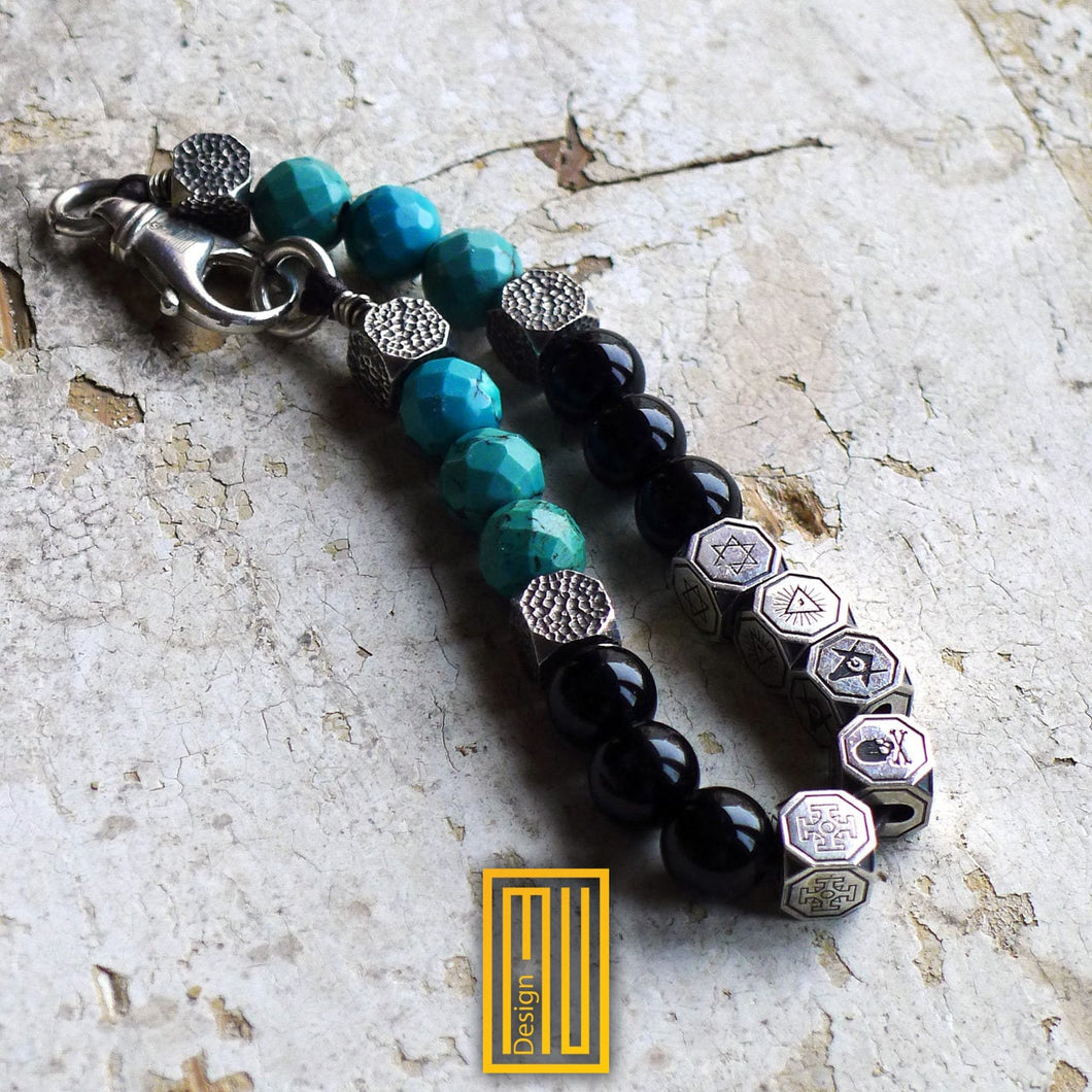 Masonic Bracelet 925k Solid Sterling Silver and Black Onyx, Turquoise Gemstone - Handmade Men's Jewelry, Masonic Gift