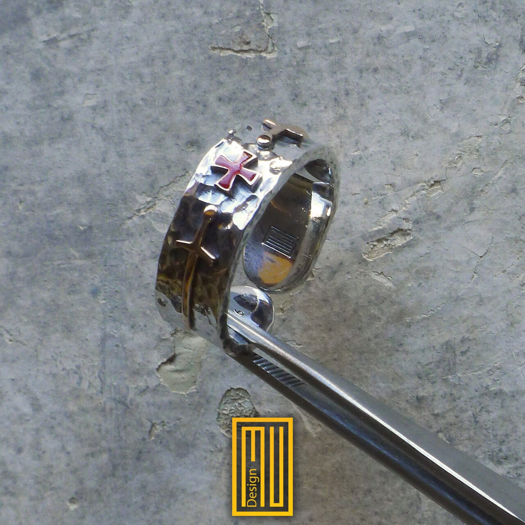 Ring for Knights of Templar, Side Swords and Enameled Cross in 14k Rose Gold - Handmade Men's Jewelry