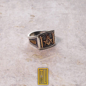 Masonic Ring 925k Sterling Silver With 14k Rose Gold Tools - Freemason Signet Ring, Handmade Men's Jewelry