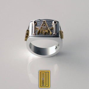 Masonic Ring With Skull On S&C, Sterling Silver with Rose Gold