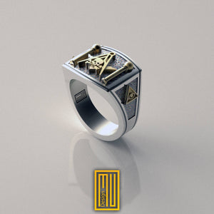 Masonic Ring With Skull On S&C, Main Body 925K Sterling Silver With 14k Rose Gold - Handmade Freemason Jewelry