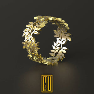 Golden Anniversary Ring with Acacia Leaves - Ring for Women, Handmade Jewelry