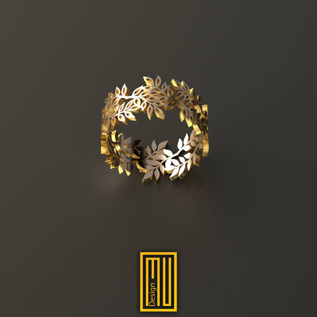 Golden Anniversary Ring with Acacia Leaves - Ring for Women, Handmade Jewelry