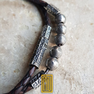 Bracelet 925k Solid Sterling Silver and Leather with Hammer Efect Finish - Handmade Jewelry, Masonic, Unique Gift