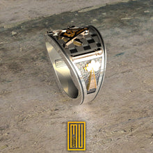 Band style Masonic Ring with Jacobs ladder and Forget Me Not Flower - Freemason Handmade Ring