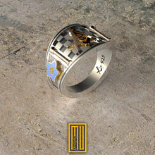 Band style Masonic Ring with Jacobs ladder and Forget Me Not Flower - Freemason Handmade Ring