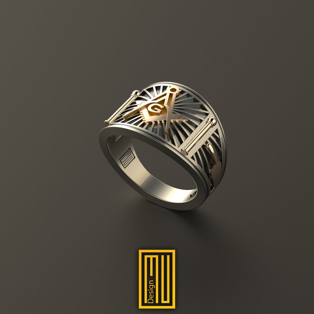 Band Style Masonic Ring Silver and Gold Tools - Freemason Signet Ring, Hammared Jewelry - Esoteric & Mystic Gift