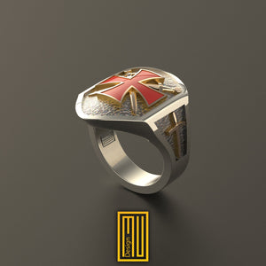 The Knights Templar Ring 925k Sterling Silver with Enamel with Sword Symbol - Handmade Men's Jewelry