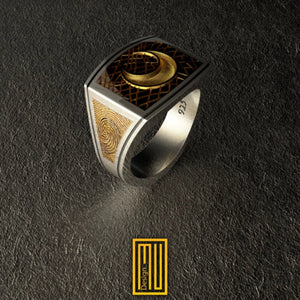 Golden Moon Ring with Finger Print - Handmade Freemason Jewelry - Esoteric & Mystic Ring