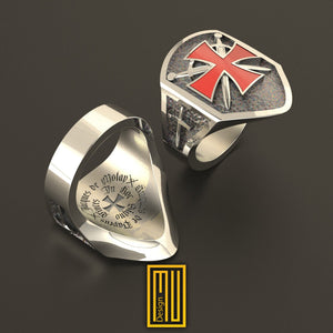 The Knights Templar Ring 925k Sterling Silver with Enamel with Sword Symbol - Handmade Men's Jewelry