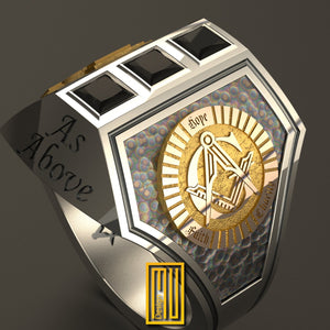 Ring with Lion of Golden Judah with Square and Compasses