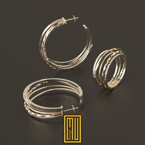 Ring Earring and Bracelet Set with 152 Pieces Diamond - 14k White, Yellow and Rose Gold, Handmade Jewelry Set