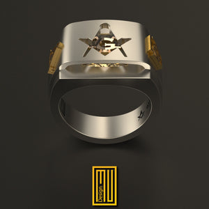 Masonic Ring with Golden Royal Arch and Past Master Sign, Citrine Gemstone -  Freemason Signet Ring - Handmade Men's Jewelry