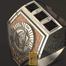 Masonic Ring Lion of Golden Judah with Square and Compasses - 925k Sterling Silver, Black Diamonds - Freemason Handmade Ring