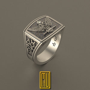 Ring for Scottish Rite 32nd Degree with Rose Gold Eagle and Alchemistic Symbols,  Solid Sterling Silver - Handmade Men's Jewelry