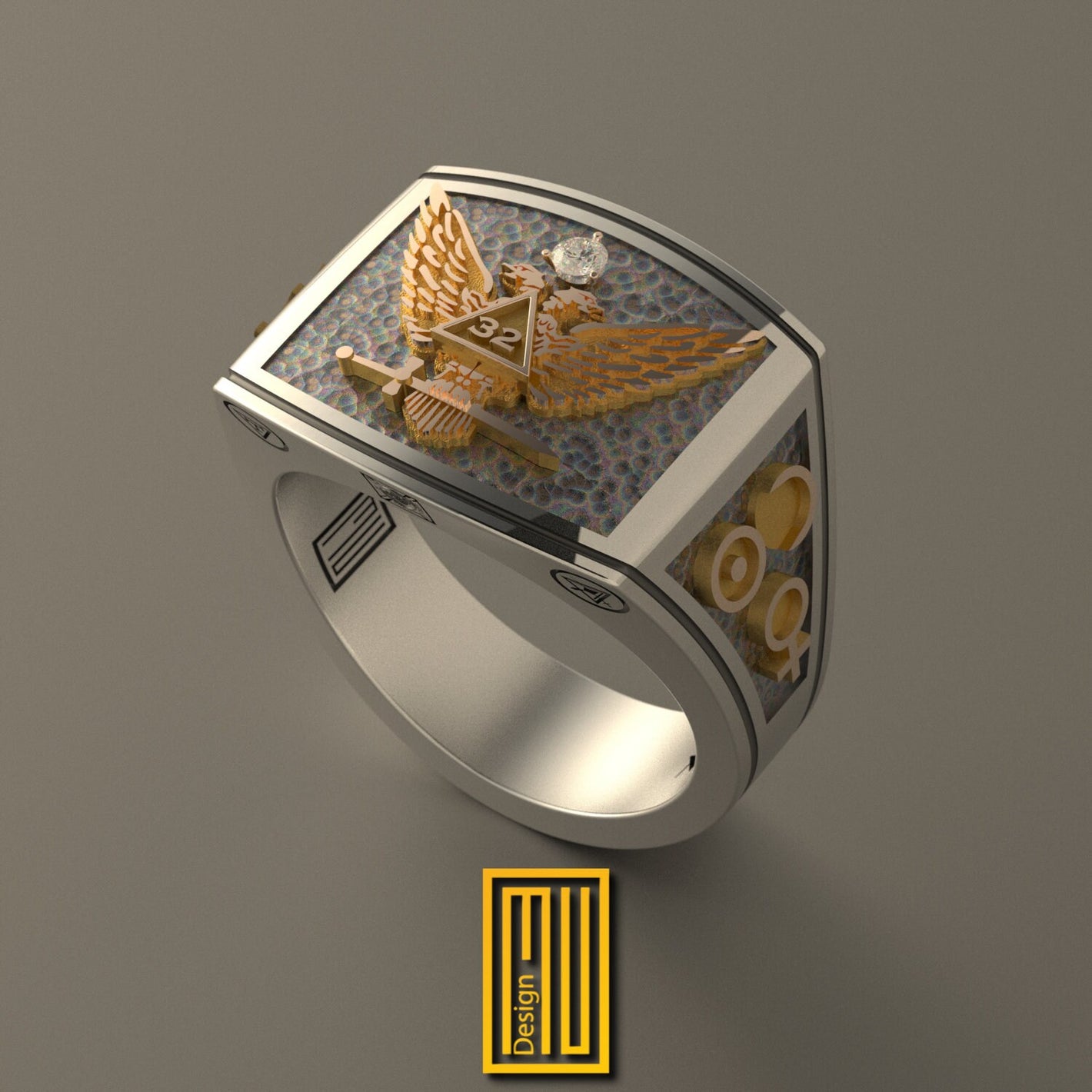 Ring for Scottish Rite 32nd Degree with Golden Eagle and Alchimist Symbols